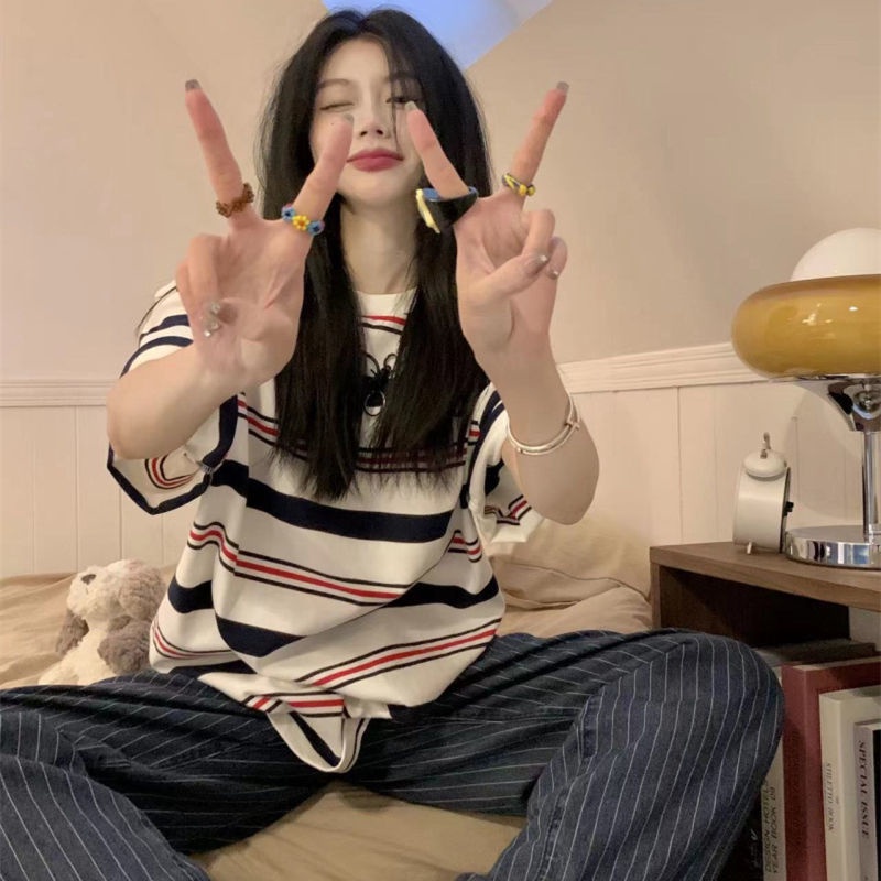 Jiashucheng Áo Thun Nữ Ngắn Tay Cổ Tròn Sọc Ngang Thời Trang Mới