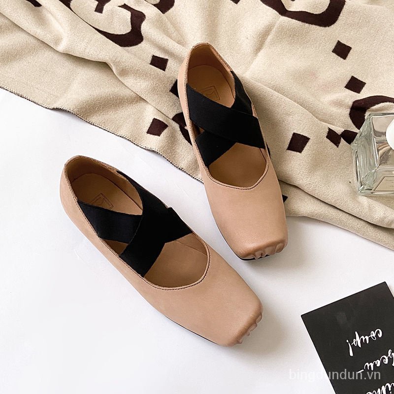 Giày Múa Ba Lê Mũi Vuông Đế Bằng Thắt Dây Chéo Phong Cách Retro Dành Cho Nữ