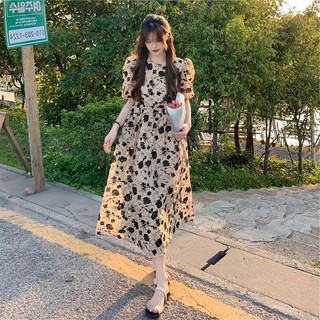 Đầm midi Lưng Cao Dáng Ôm Tay Phồng In Họa Tiết Hoa Thời Trang Mùa Hè Phong Cách Pháp Cổ Điển Cho Nữ
