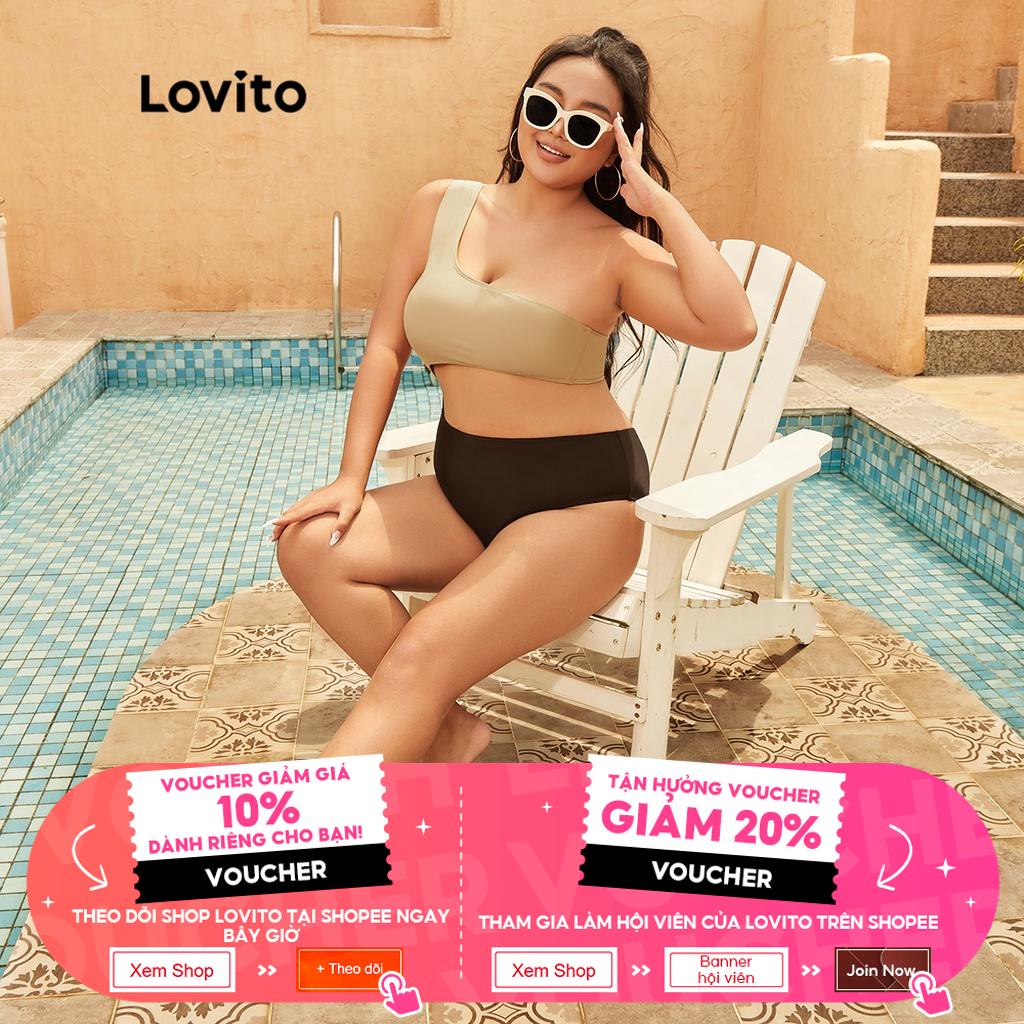 Đồ bơi dáng ngắn Lovito plus size ghép nối màu sắc một bên vai có miếng đệm tháo rời cho nữ LPS03021 (nhiều màu sắc)