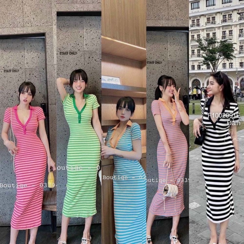 Đầm body sọc ngang cổ bẻ cá tính VIENS STORE