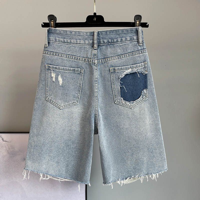 Quần Short Denim Lưng Cao Dáng Rộng Thiết Kế Rách Đính Đá Cá Tính