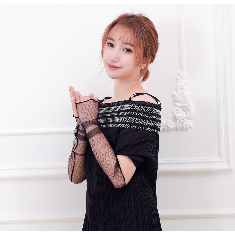 Găng Tay Chống Nắng 45cm Bằng Lụa Lạnh Mỏng Phối Ren Thoáng Khí Nhanh Khô Co Giãn Tốt Thời Trang Cho Nữ Và Nữ