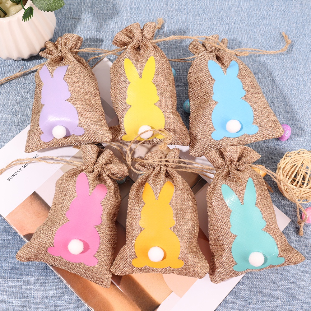 Set 6 Túi Dây Rút Vải Lanh Đựng Bánh Kẹo Trang Sức Hình Thỏ Dễ Thương