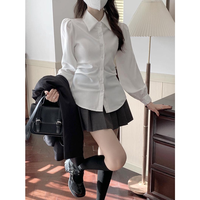 COZOK Áo Sơ Mi Trắng Tay Phồng Chiết Eo Thời Trang