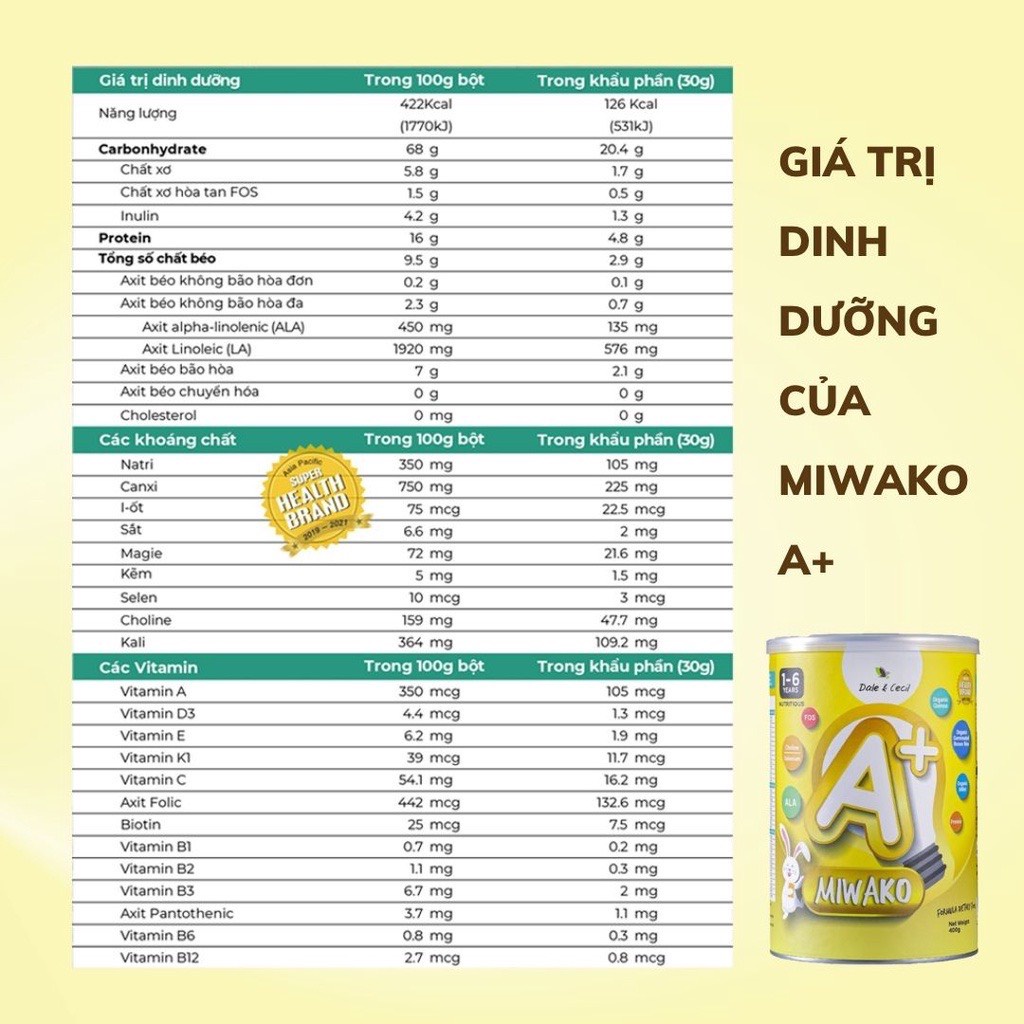 Sữa hạt Miwako A+ vị vani hộp 700g + Gói sữa dùng thử Miwakoko vị cacao gói 30g cho bé từ 1 tuổi - Miwako Official Store