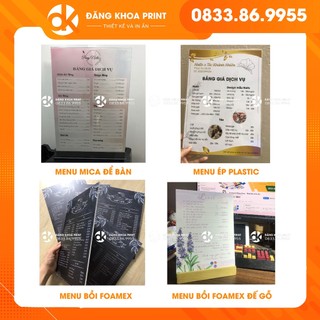 In menu số lượng ít, menu giấy c300 ép plastic, menu bìa cứng, menu bồi foamex, menu để bàn cho spa, quán ăn, cửa hàng