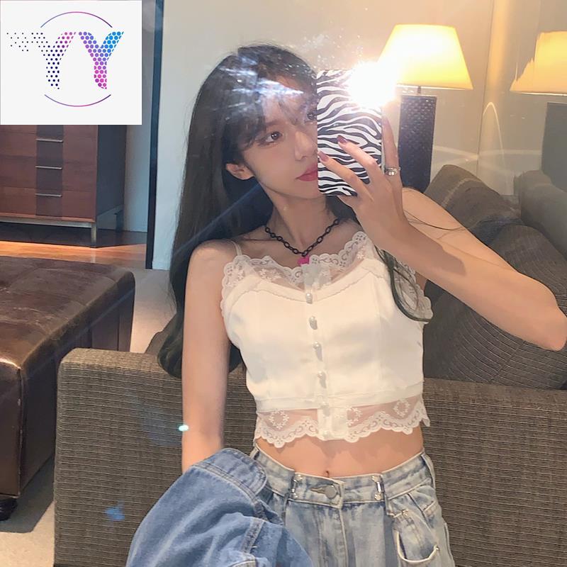 ♠❡✙Lưới màu đỏ mặc bên trong áo yếm nhỏ nữ ngoài siêu nóng cảm giác thiết kế thích hợp ren trắng ngắn hot girl hàng đầu