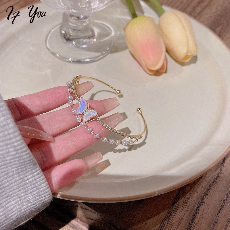 Vòng đeo tay AY hai lớp mặt bươm bướm đính ngọc trai pha lê nhân tạo thời trang thanh lịch đơn giản cho nữ