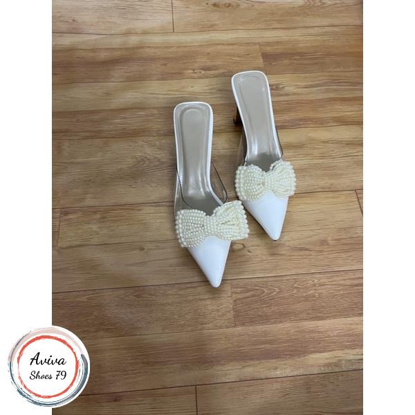 Sục mũi nhọn 5cm quai nơ gót mạ vàng siêu sang chảnh