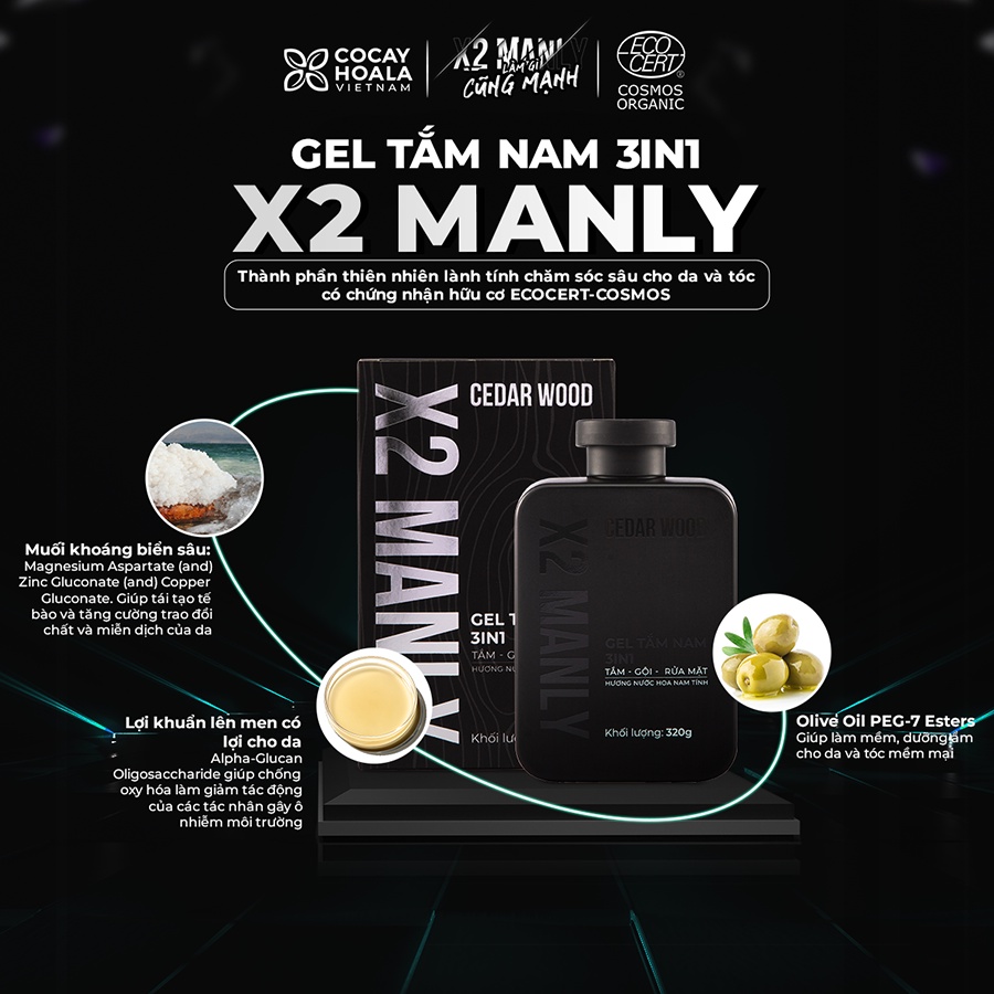 Combo Vì Anh Ngon X2 Manly - Sữa tắm gội hương nước hoa nam tính Cỏ Cây Hoa Lá  320g & Gel vệ sinh nam 150g