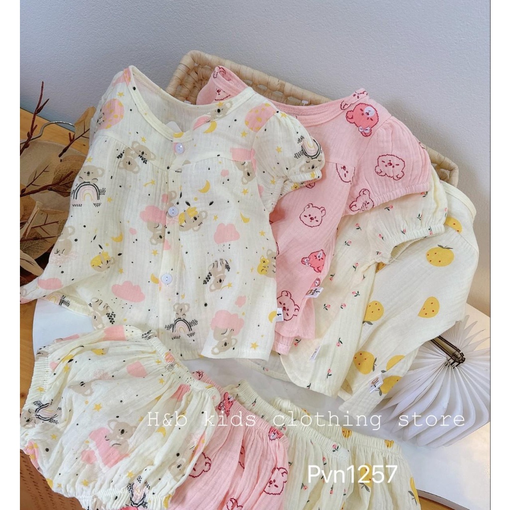 Bộ quần áo mùa hè vải xô muslin 2 lớp áo cộc tay dáng babydoll quần chip thoáng khí bé gái 8-17kg