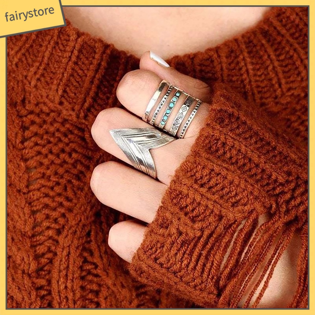 [Fairy1] Nhẫn Nhiều Lớp Họa Tiết Biểu Tượng Đính Đá Ngọc Lam Phong Cách Bohomian Cho Nữ