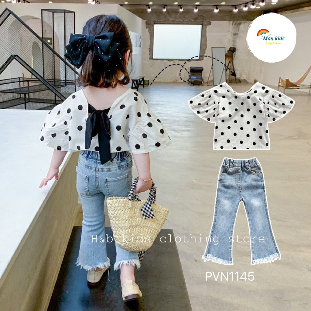 Set quần jean cho bé gái, set đồ cho bé gai, bộ quần bò bé gái, áo bé gái thắt nơ Hàn Quốc