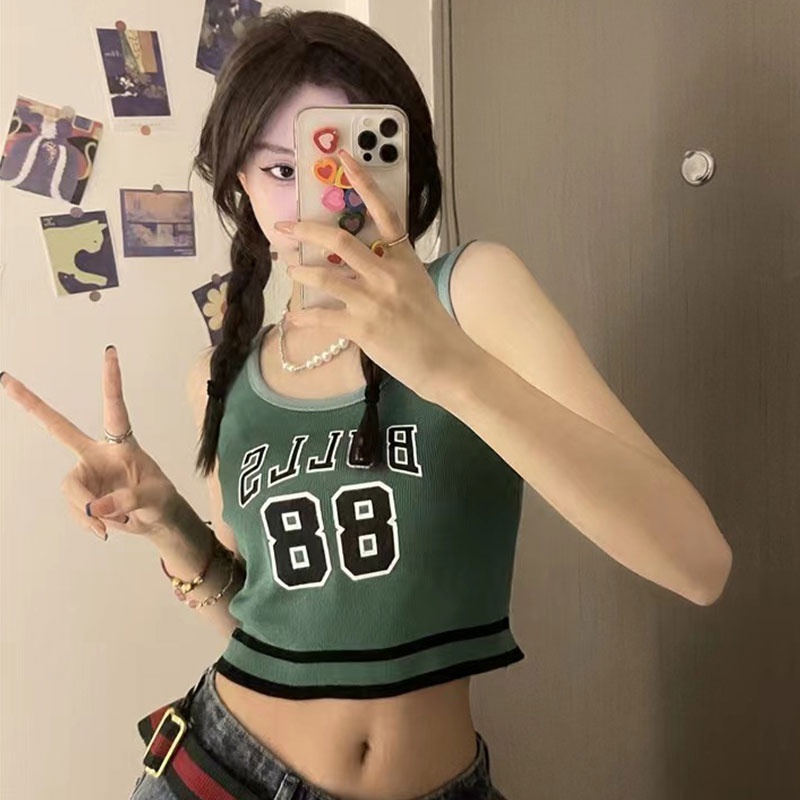 Nevaeh Áo tank top Hai Dây In Chữ Phong Cách Mỹ Cổ Điển Có Đệm Ngực Mỏng Vừa Vặn Và Không Tay Hàng Mới Dành Cho Bạn Nữ áo croptop