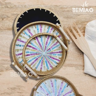 Khay mây khảm trai BEMIAO họa tiết Sắc Màu có tay cầm gỗ, khay mây có tay cầm đựng hoa quả trà bánh, trang trí nhà cừa