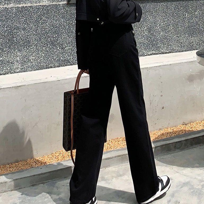 IELGYQuần Jean Đen Ống Rộng Lưng Cao Phong Cách Hàn Quốc Cho Nữ