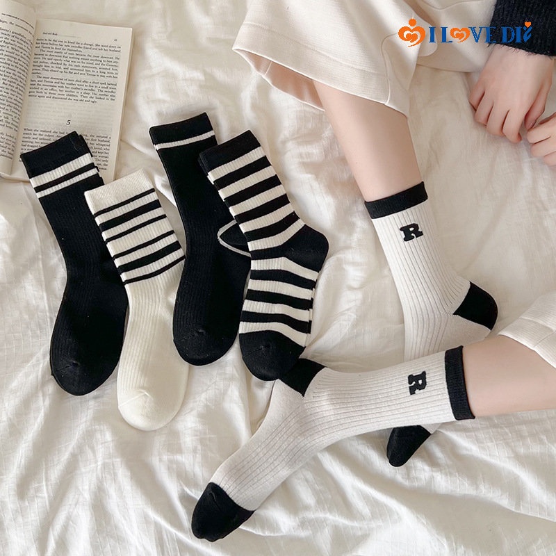 Vớ Cổ Trung Họa Tiết Kẻ Sọc Trắng Đen Đơn Giản Thoải Mái Thời Trang Mùa Xuân Cho Nam Và Nữ