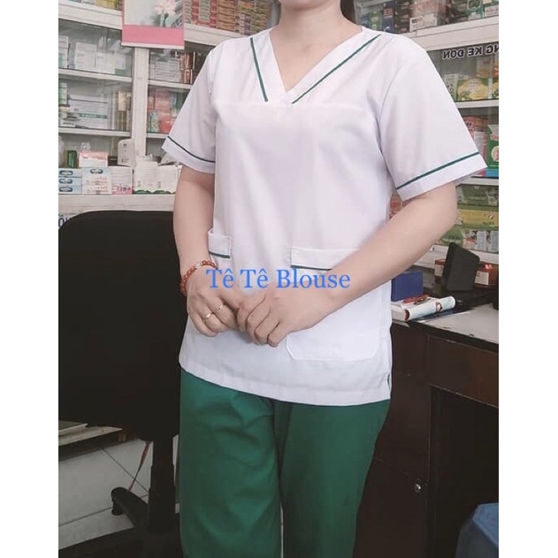 Bộ blu cổ tim có viền nam nữ cộc tay, bộ scrubs kỹ thuật viên cho điều dưỡng, dược sỹ, y tá, bác sĩ (có 3 màu lựa chọn)