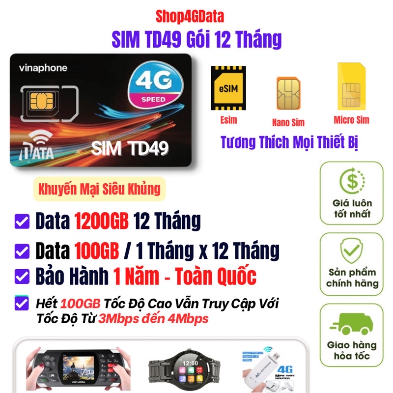 Sim TD49 Vinaphone , Data 100GB/Ngày , Tổng 1200GB Sử Dụng 1 Năm , Bảo Hành 12 Tháng