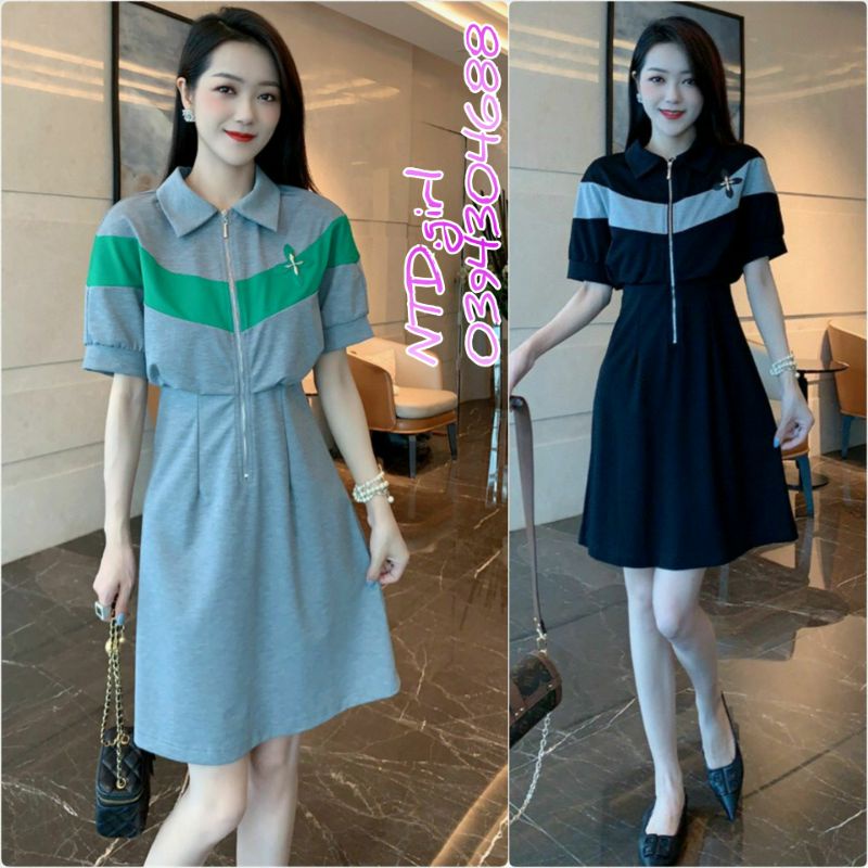 Hàng nhập - Đầm dáng suông thun cotton cổ peter dây kéo khóa, váy xuông tay ngắn phối màu