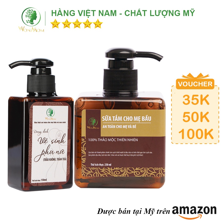 [ Giảm 35K - Đơn 329K ] Bộ thảo mộc tắm body và làm hồng " cô bé " Wonmom ( 1 Sữa tắm cho mẹ + 1 Dung dịch vệ sinh )