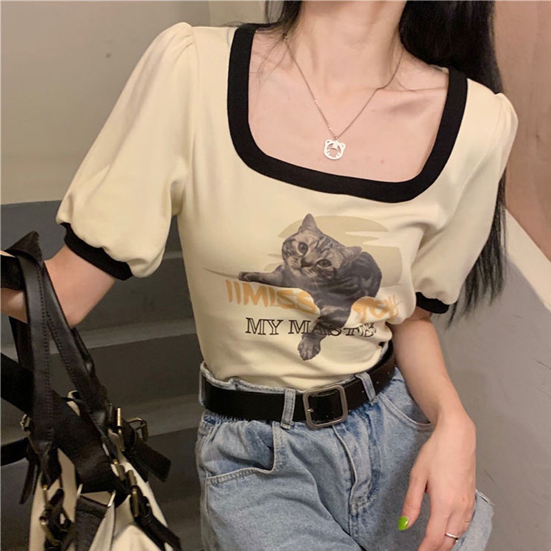 Áo Thun Ngắn Tay Cổ Vuông Màu Sắc Tương Phản Phong Cách vintage Cho Nữ