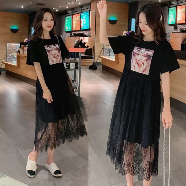 (Order) bigsize Váy thun in hình cô gái phối chân ren xoè