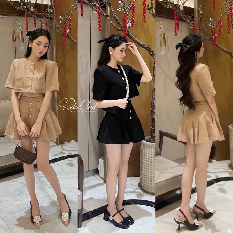 SET ÁO CROPTOP DẠ + SHORT XẾP LI ( ẢNH THẬT )