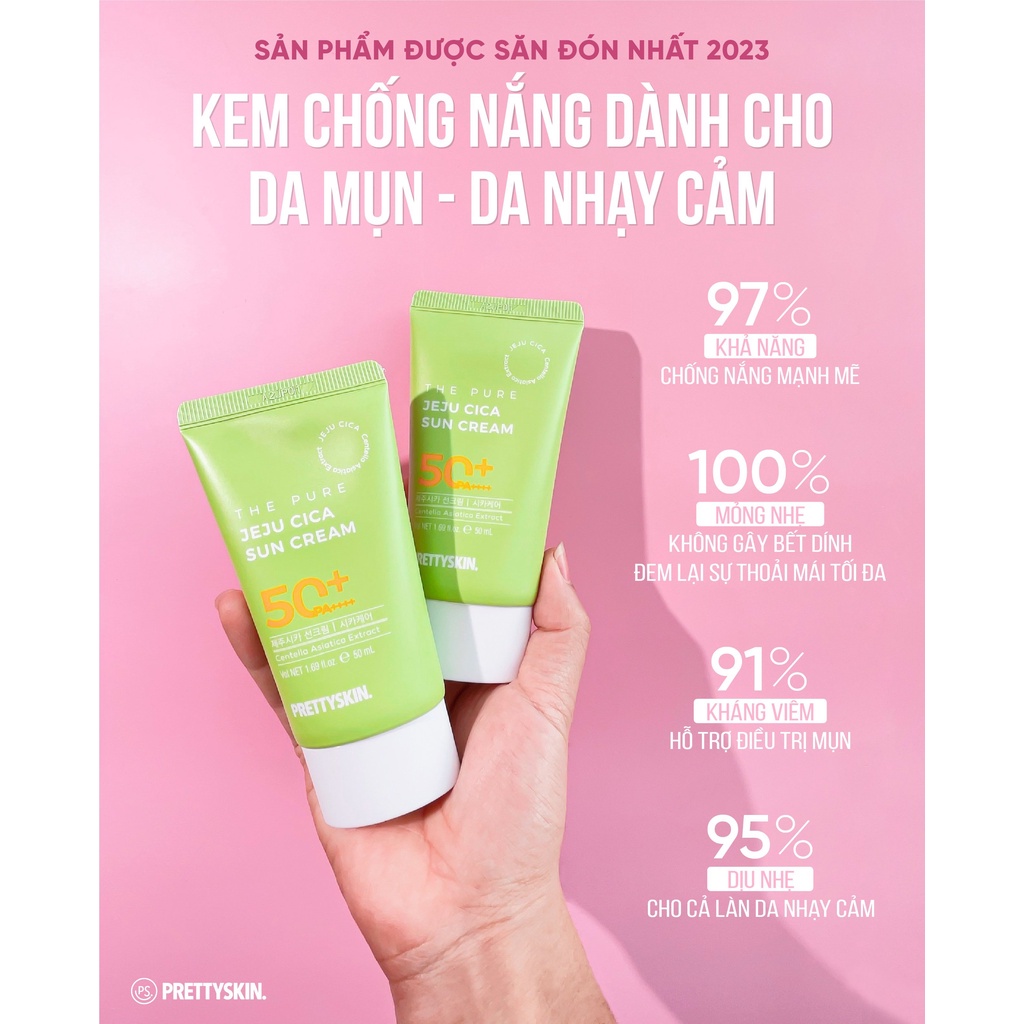 Kem Chống Nắng Rau Má JEJU CICA PRETTYSKIN, Không Gây Bết Dính, Cho Cả Da Nhạy Cảm SPF50+ PA++++ 50ml