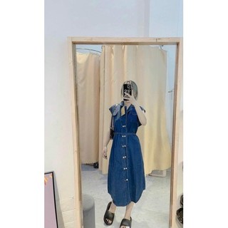 Váy jeans bò thắt nơ eo dáng dài
