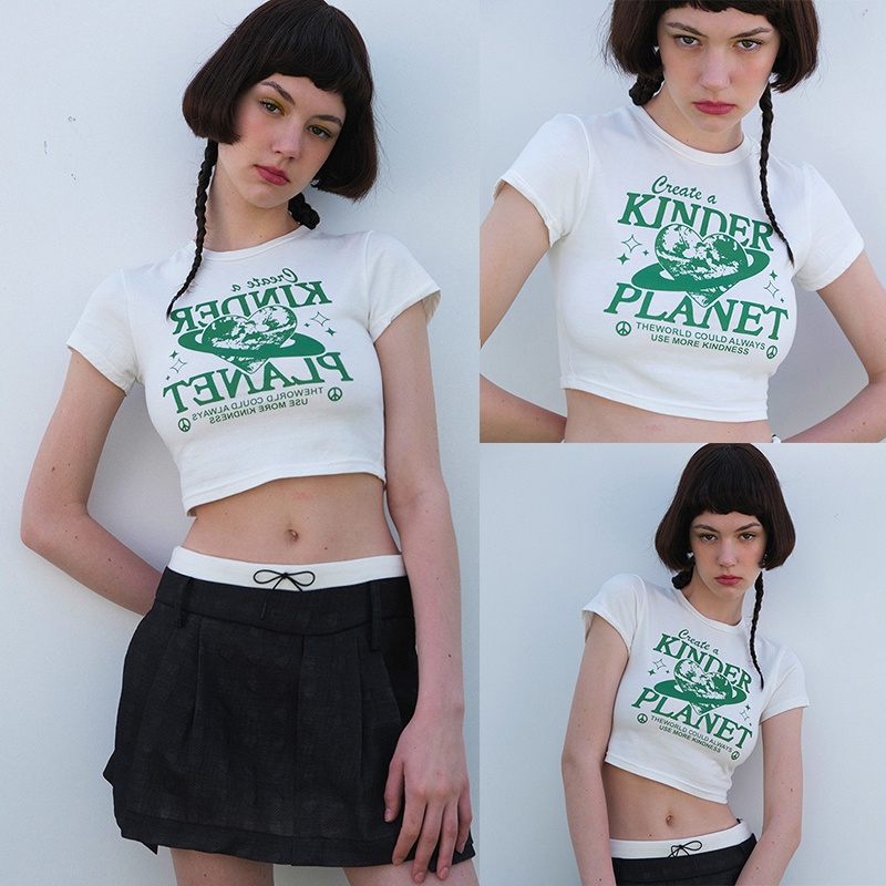 Áo Thun Croptop Tay Ngắn Cổ Tròn Dáng Ôm Vải Cotton In Họa Tiết Thời Trang Cho Nữ