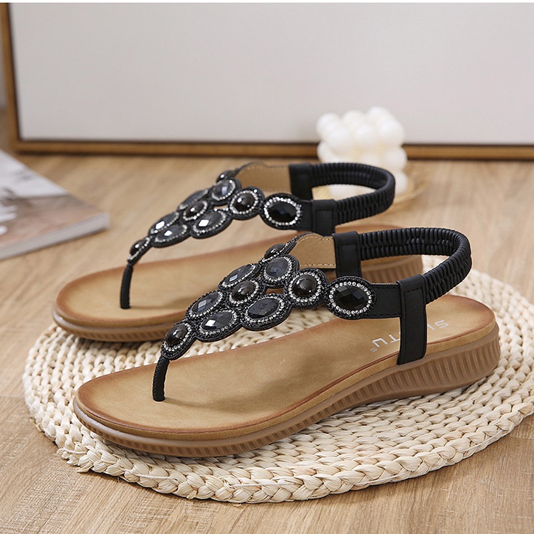 Giày Sandal Đế Mềm Mũi Tròn Đính Đá Phong Cách Bohemian Dành Cho Nữ Size 41 42