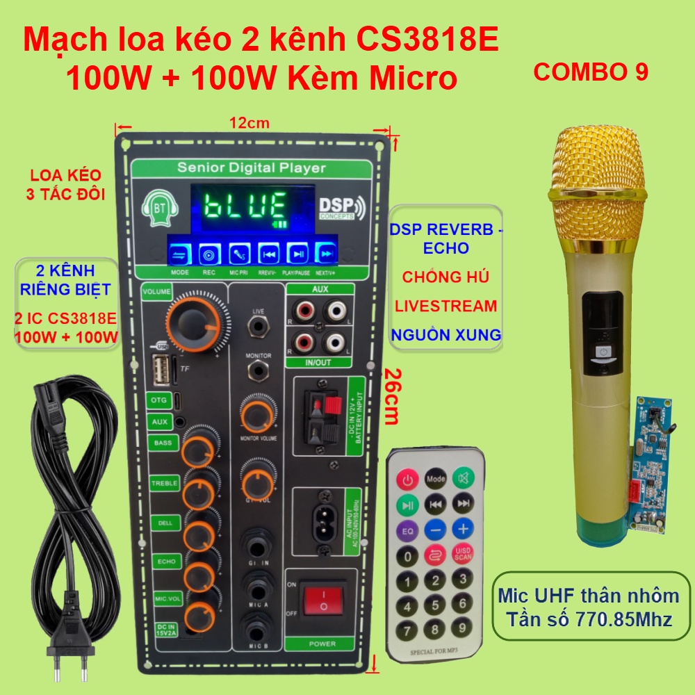 Mạch loa kéo 2 kênh Livestream DSP Reverb – Echo Chống hú 2 IC CS3818E 100W + 100W – Loa kéo 3 tấc đôi kèm Micro