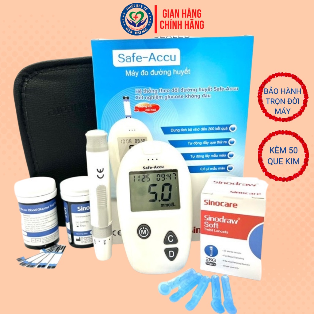 Máy Đo Đường Huyết Sinocare Safe - Accu Chính Hãng Tặng Kèm 50 Kim Que Thử + 50 Kim chích