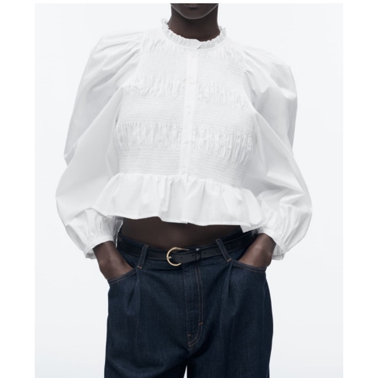 Zara Áo Sơ Mi Ngắn Cổ Tròn Nhún Bèo Trước Thiết Kế Hàng Nút Thời Trang Mùa Xuân 237969026