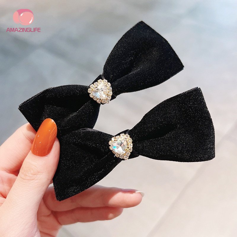Kẹp Tóc Hình Nơ Đính Kim Cương Giả Màu Đen / Nhung Phong Cách Ins Cổ Điển Thời Trang Cho Nữ