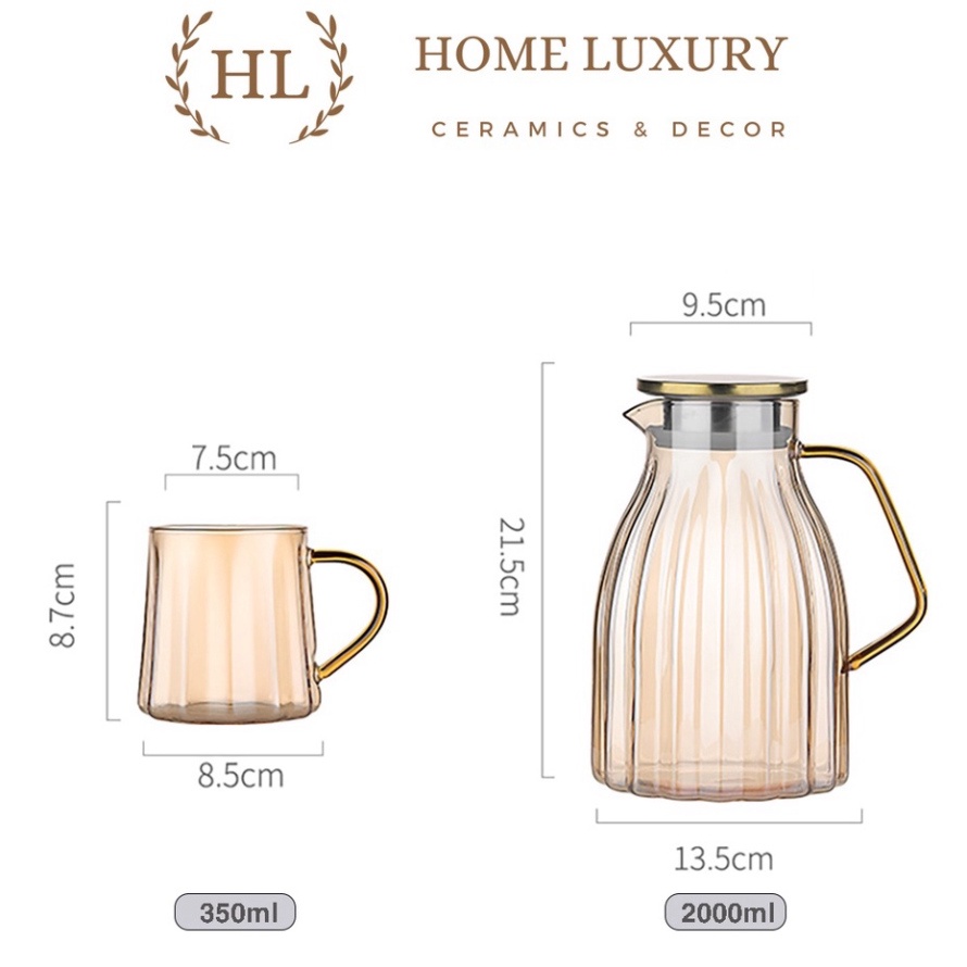 Bình cốc chất thủy tinh Decor sức chịu nóng Borosilicate | Bình Ly Thủy phong thái Vintage Vàng Hổ Phách 2023 ( Hàng in