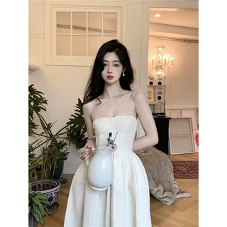 Liasynn Phong Cách Thoáng Mát ~ Ống Top Pit Strip Đầm Gợi Cảm Thắt Lưng Chữ a Tính Khí Váy Puff Ống Top Đầm Váy chữ a Váy Đầm