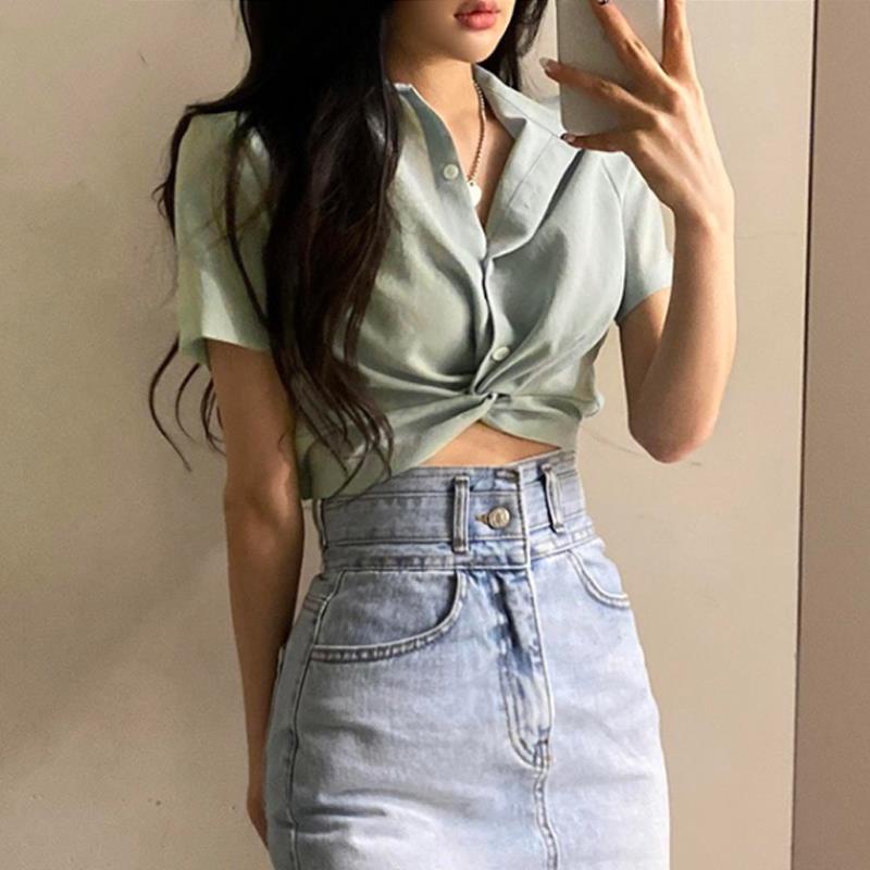 Áo sơ mi COZOKC dáng ngắn eo cao thời trang Hàn Quốc