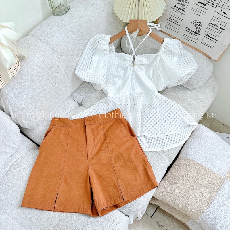 Áo peplum ô caro tay bồng xoè + quần short cam