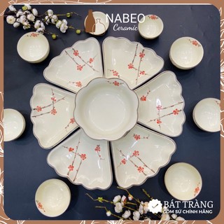 Bộ bát đĩa gia tiên bát tràng đào đỏ 2 cành, bộ hoa mặt trời thắp hương, gốm sứ bát tràng
