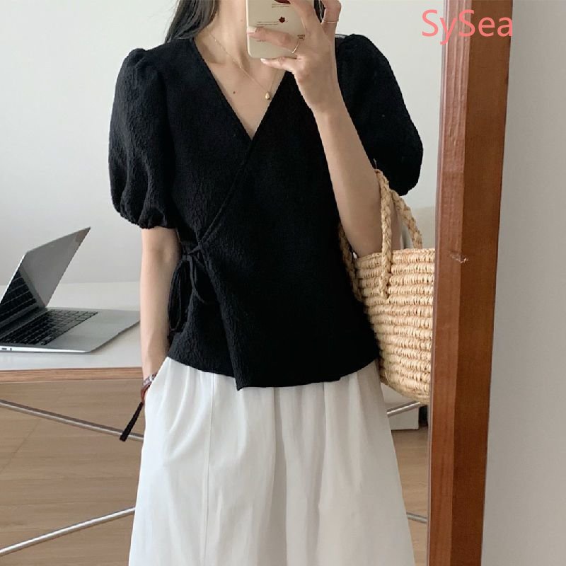 Plus Áo Kiểu Tay Phồng Cổ Chữ V Thời Trang Mùa Hè Hàn Quốc Cho Nữ