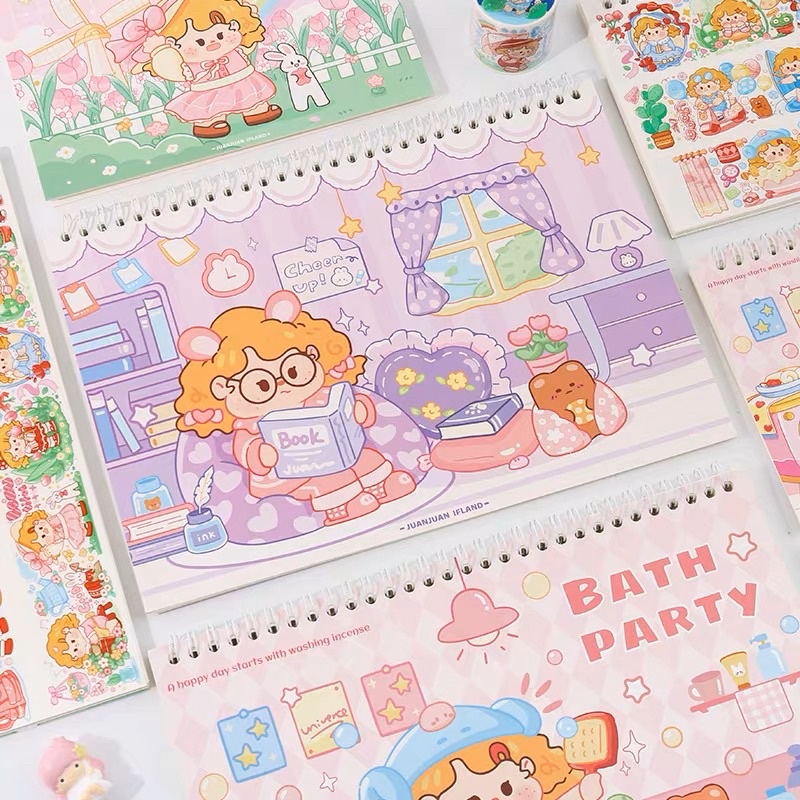 Sổ Chiết Sticker Washi Sổ Lò Xo 40 Tờ Hình Cô Gái Tóc Xoăn Dễ Thương