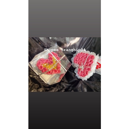 BÓ HOA TRÁI TIM HỒNG DÂU 35 BÔNG VẢI VOAN