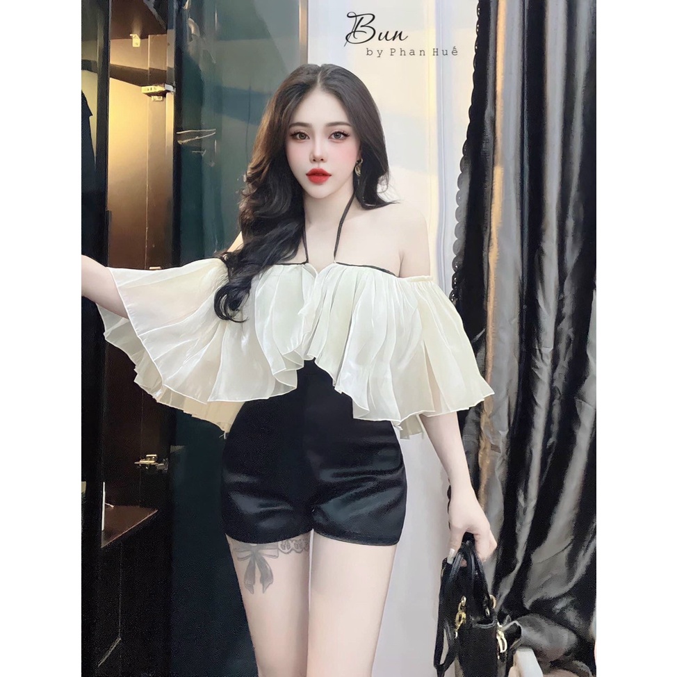 áo bẹc vai voan kính tơ UA445 tay cánh dơi xòe trễ vai cột dây cổ