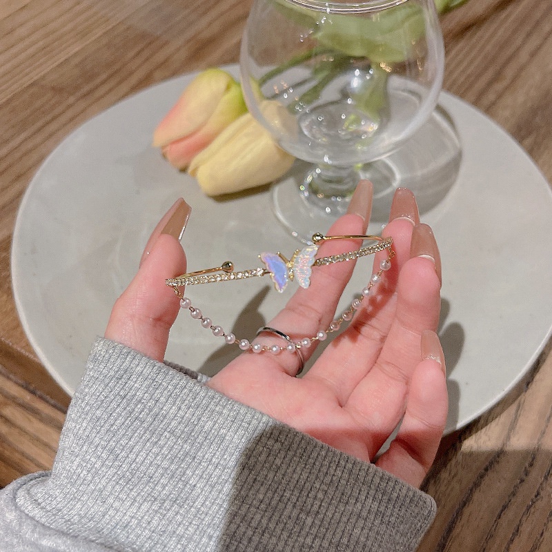 Vòng đeo tay AY hai lớp mặt bươm bướm đính ngọc trai pha lê nhân tạo thời trang thanh lịch đơn giản cho nữ