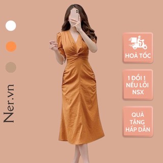 Váy màu cam đất, đầm trắng dự tiệc N139 thiết kế xoắn eo cao cấp giúp tôn dáng sáng da váy xòe nhẹ NER.VN