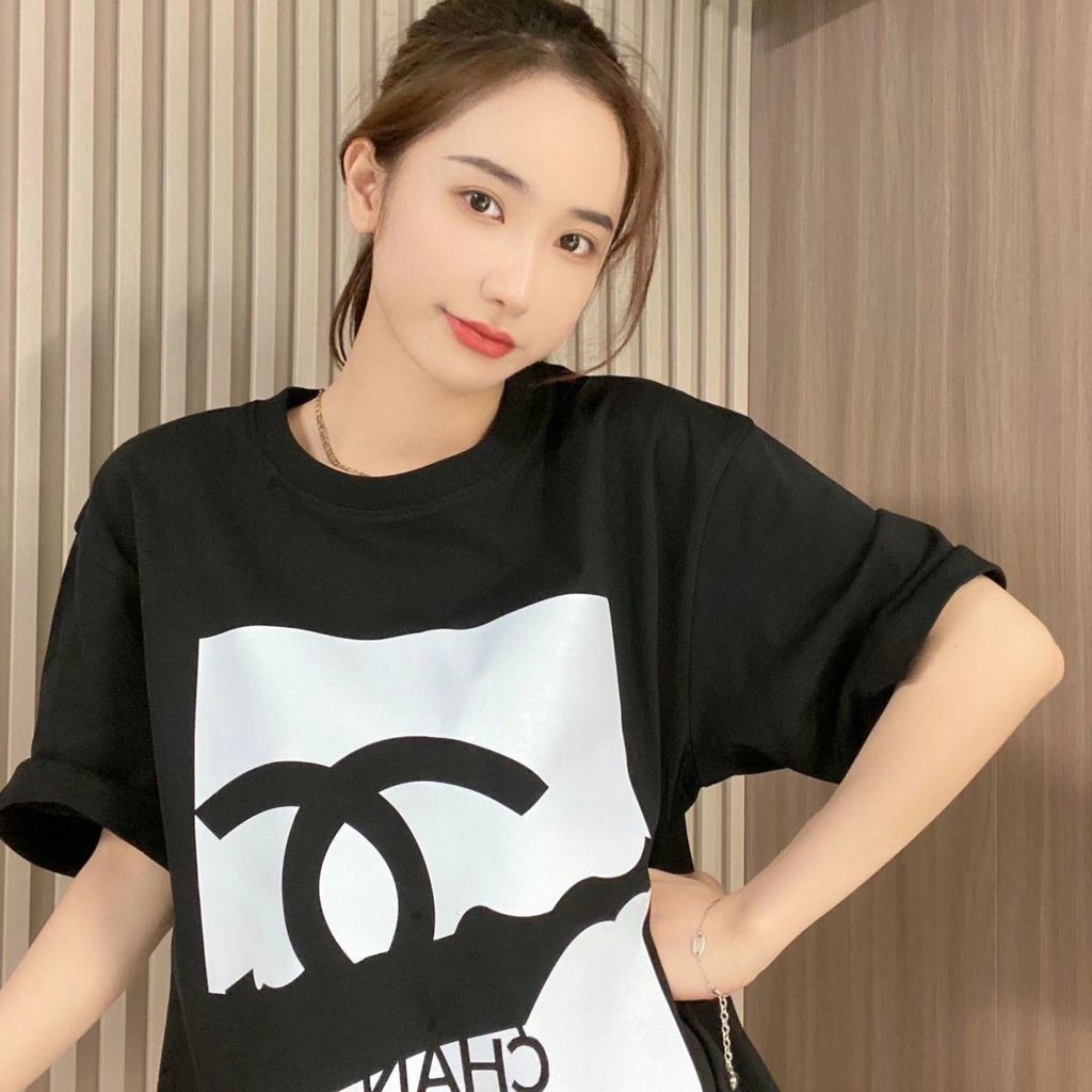 Áo Thun Cotton Ngắn Tay Màu Đen In Chữ chane Thời Trang Mùa Hè 2023