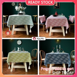 Khăn trải bàn vải cotton hình chữ nhật phối tua rua thời trang
